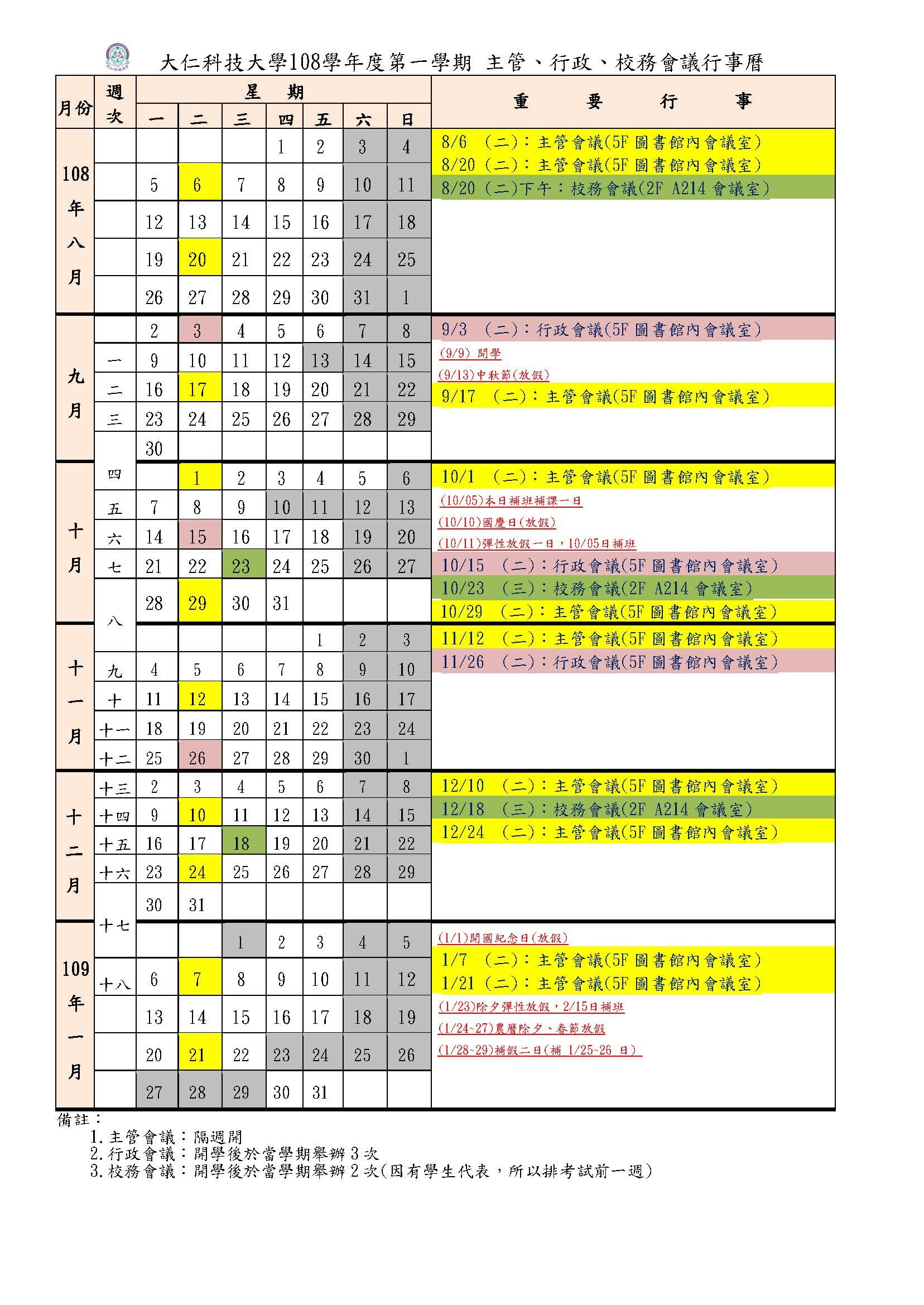 107-2 主管、行政、校務會議日程表(最新日期：2019-08-07)
